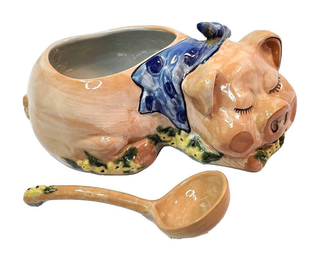 Vintage Louisville Stoneware Pig Tureen With Ladle. Made In The USA (Kentucky)
